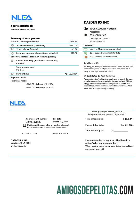 imprimível Lituânia Associação Nacional de Energia da Lituânia Business Utility Bill Modelo Word e PDF